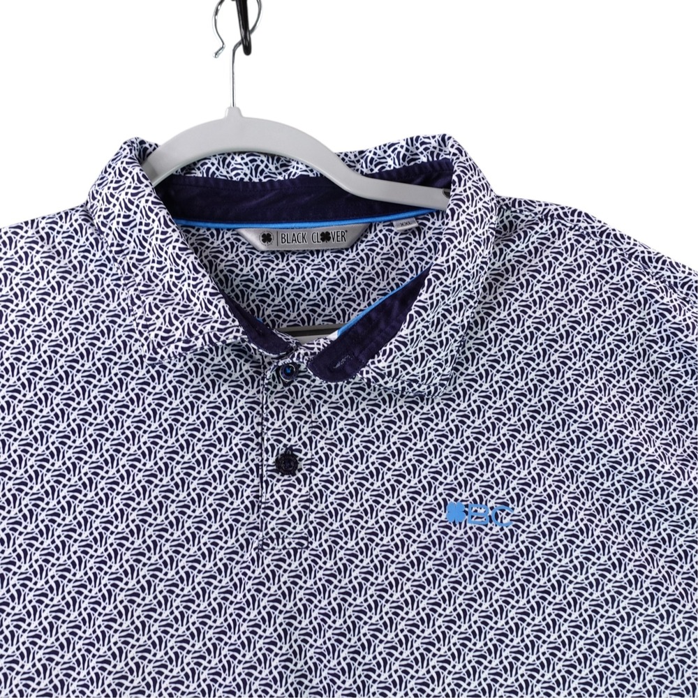 Black Clover Polo Shirt Mens XXL Navy White Abstract Print Short Sleeve Golf Tee
